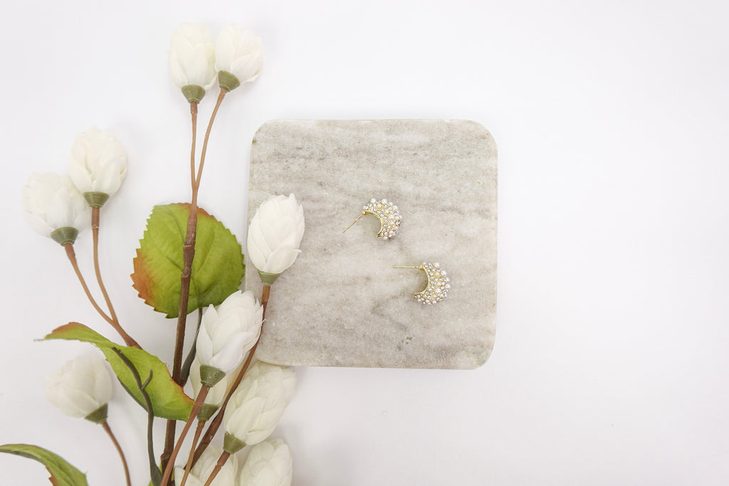 Pearl & Crystal Small C-Shaped Stud Earrings