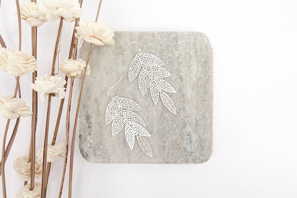 Silver Toned Leaf Dangle Earrings
