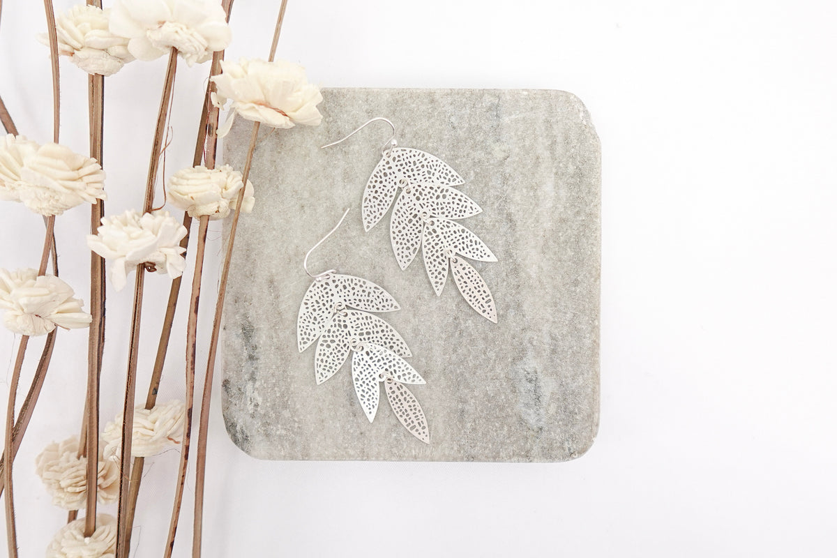 Silver Toned Leaf Dangle Earrings