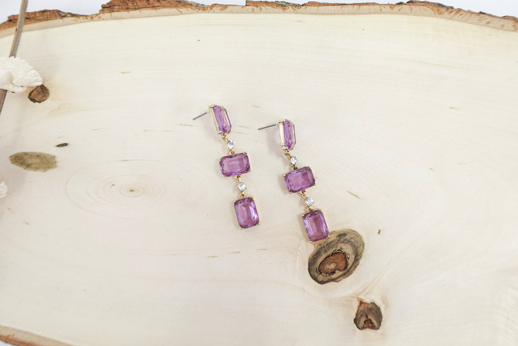 Purple Rectangular Crystal Dangle Earrings