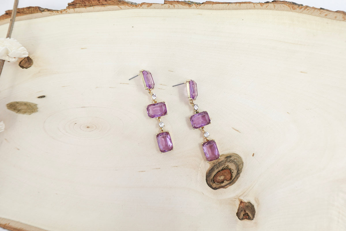 Purple Rectangular Crystal Dangle Earrings