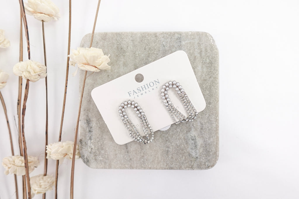 Silver Toned Pearl & Crystal Dangle Earrings