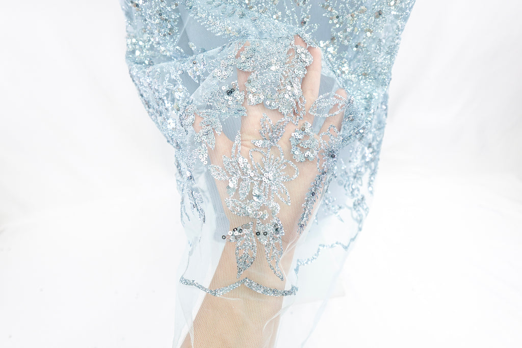 Muted Blue Glitter & Sequin Bridal Lace