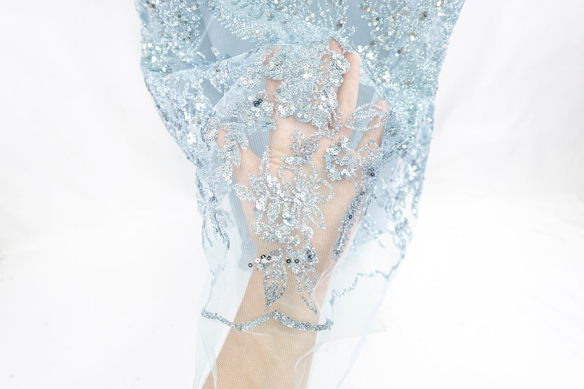 Muted Blue Glitter & Sequin Bridal Lace