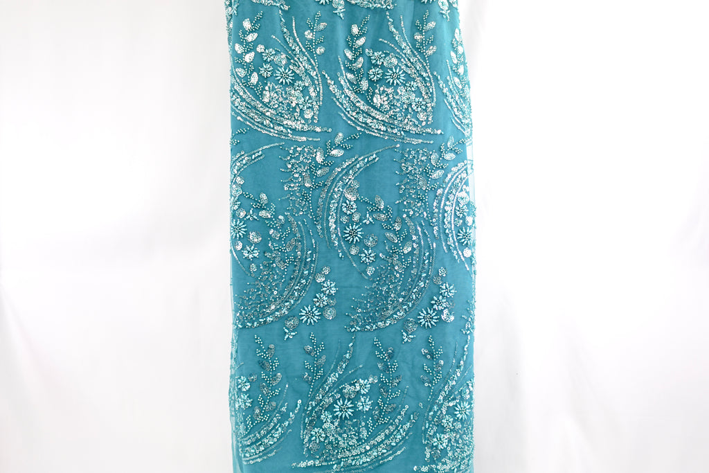 Egyptian Teal Sequin & Beads Floral Bridal Lace