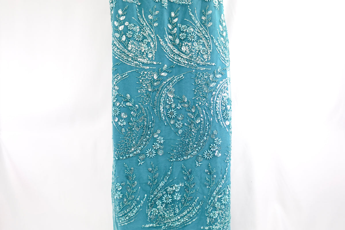 Egyptian Teal Sequin & Beads Floral Bridal Lace