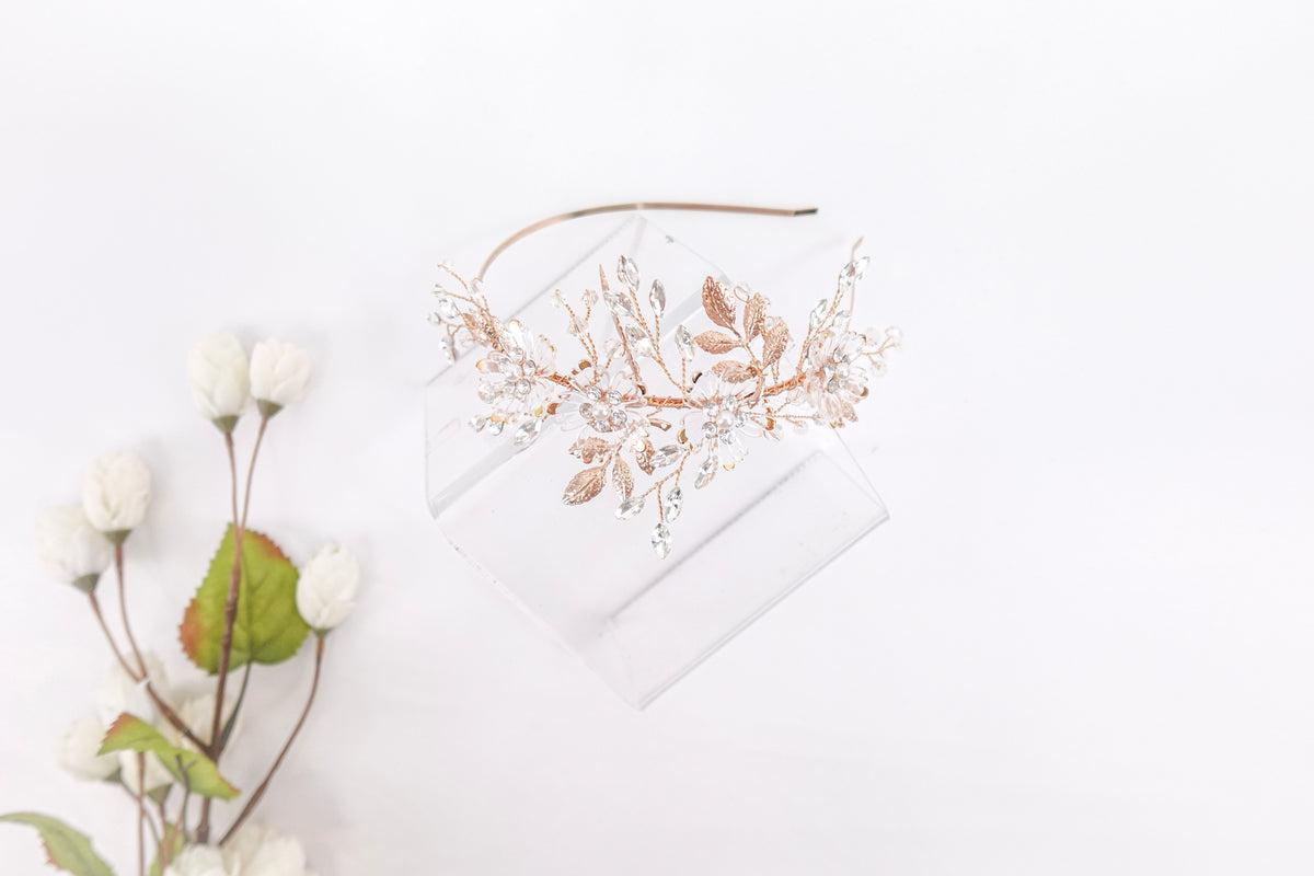 Crystal Flowers & Leaves Gold Headband