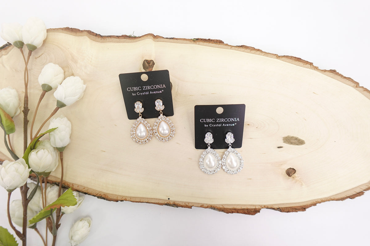 Cubic Zirconia Pearl Halo Drop Earrings