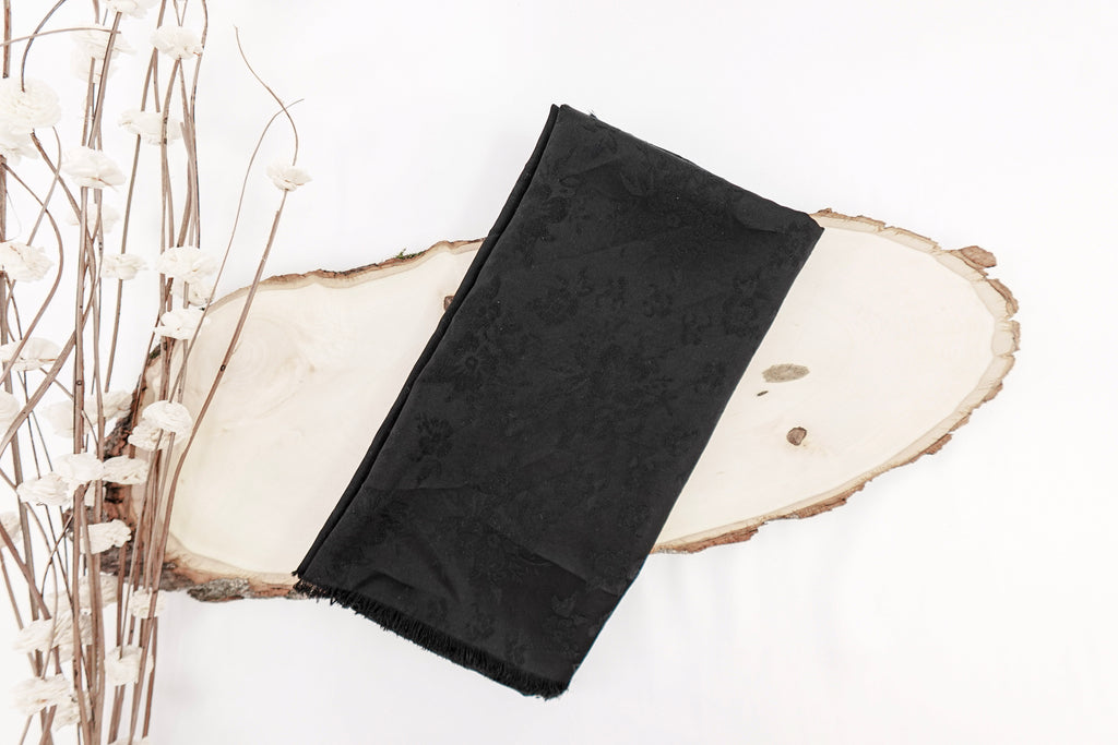 Black Daisies Design Two Tone Church Scarf with Frayed Edge