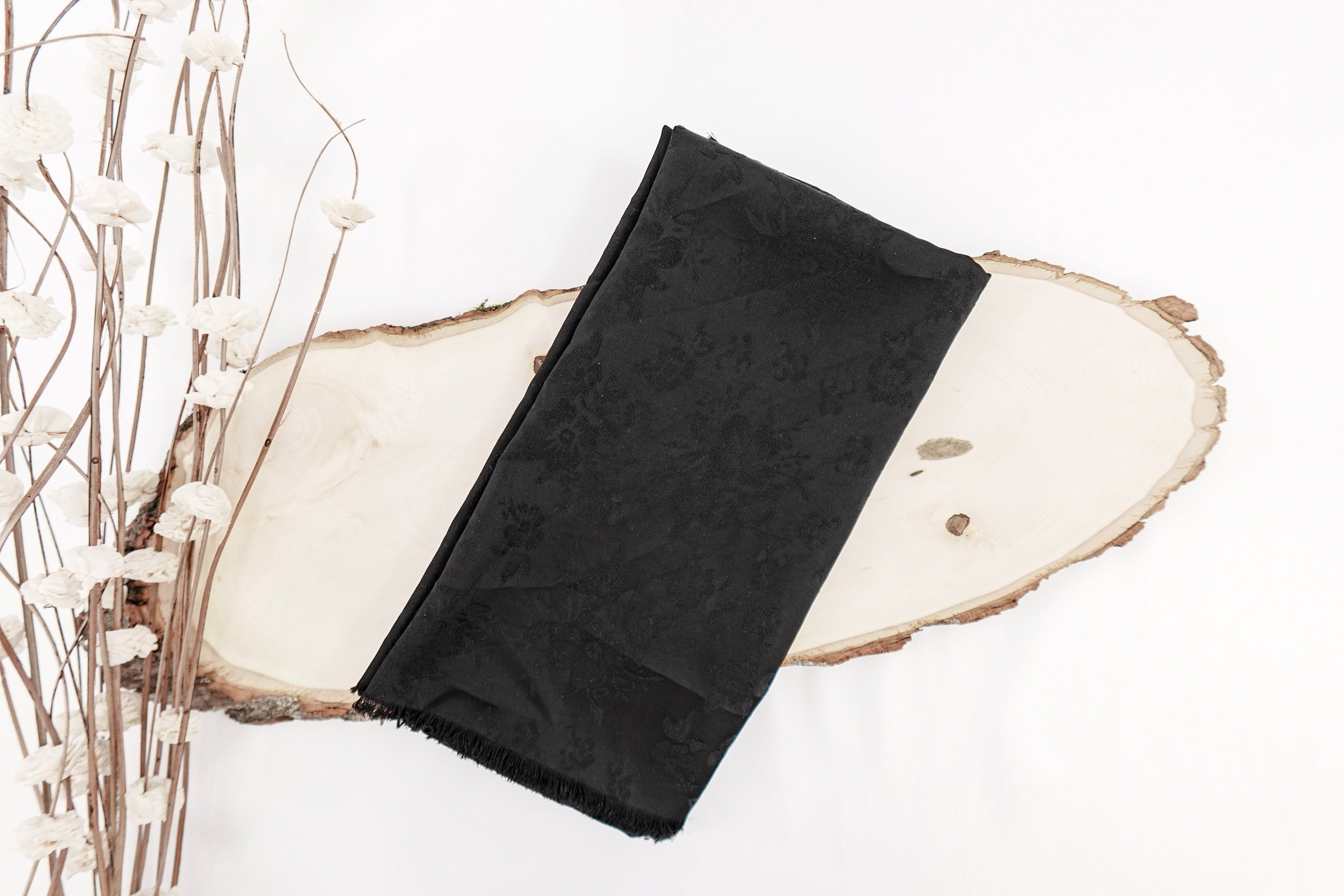 Black Daisies Design Two Tone Church Scarf with Frayed Edge