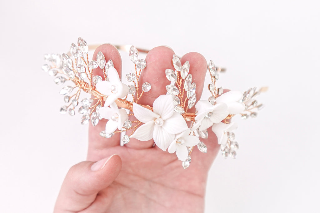 Flowers & Diamond Leaves Gold Headband