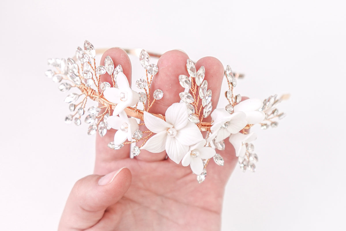 Flowers & Diamond Leaves Gold Headband