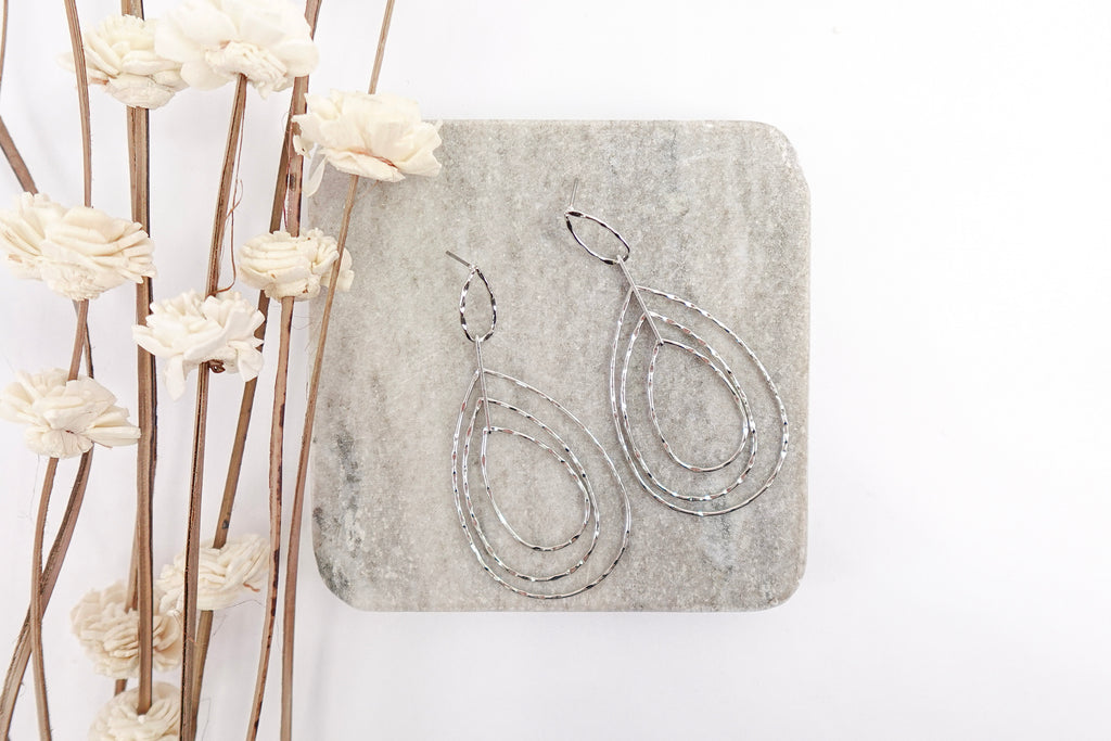 Large Silver Toned Teardrop Dangle Earrings