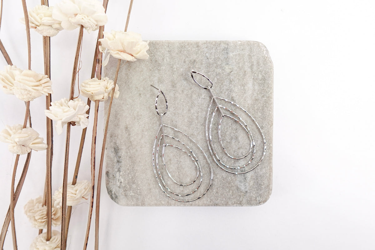 Large Silver Toned Teardrop Dangle Earrings
