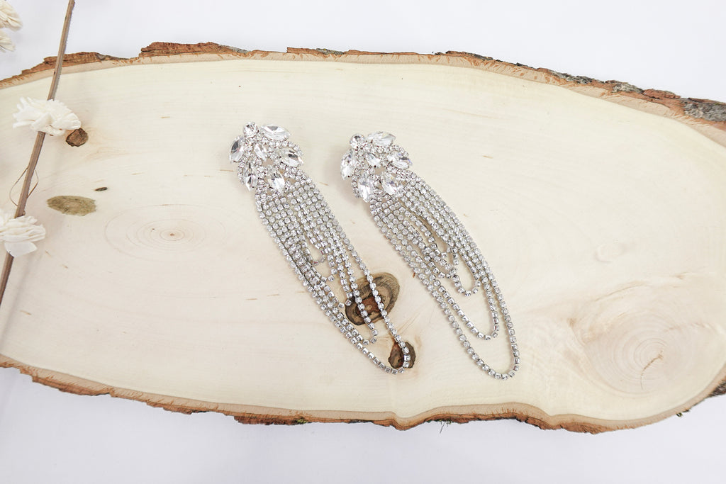 Extra Large Silver Toned Fancy Crystal Dangle Earrings