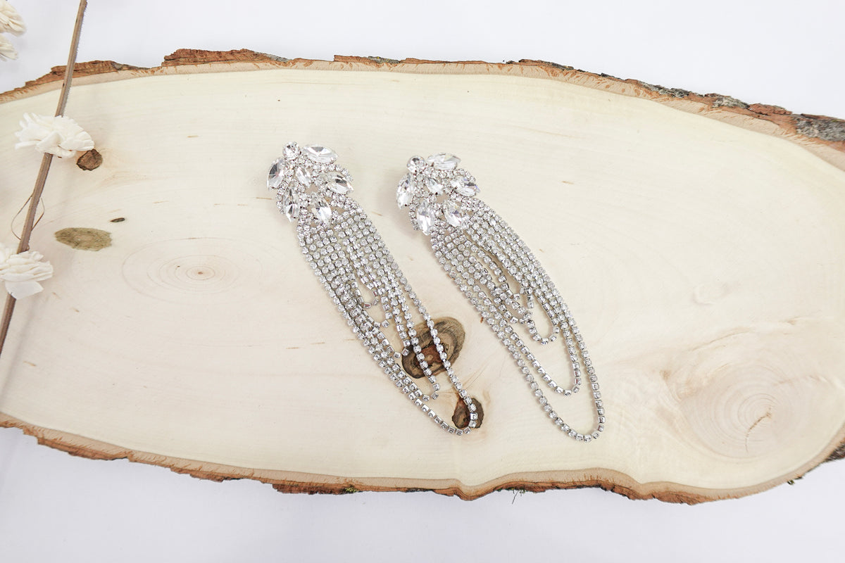 Extra Large Silver Toned Fancy Crystal Dangle Earrings