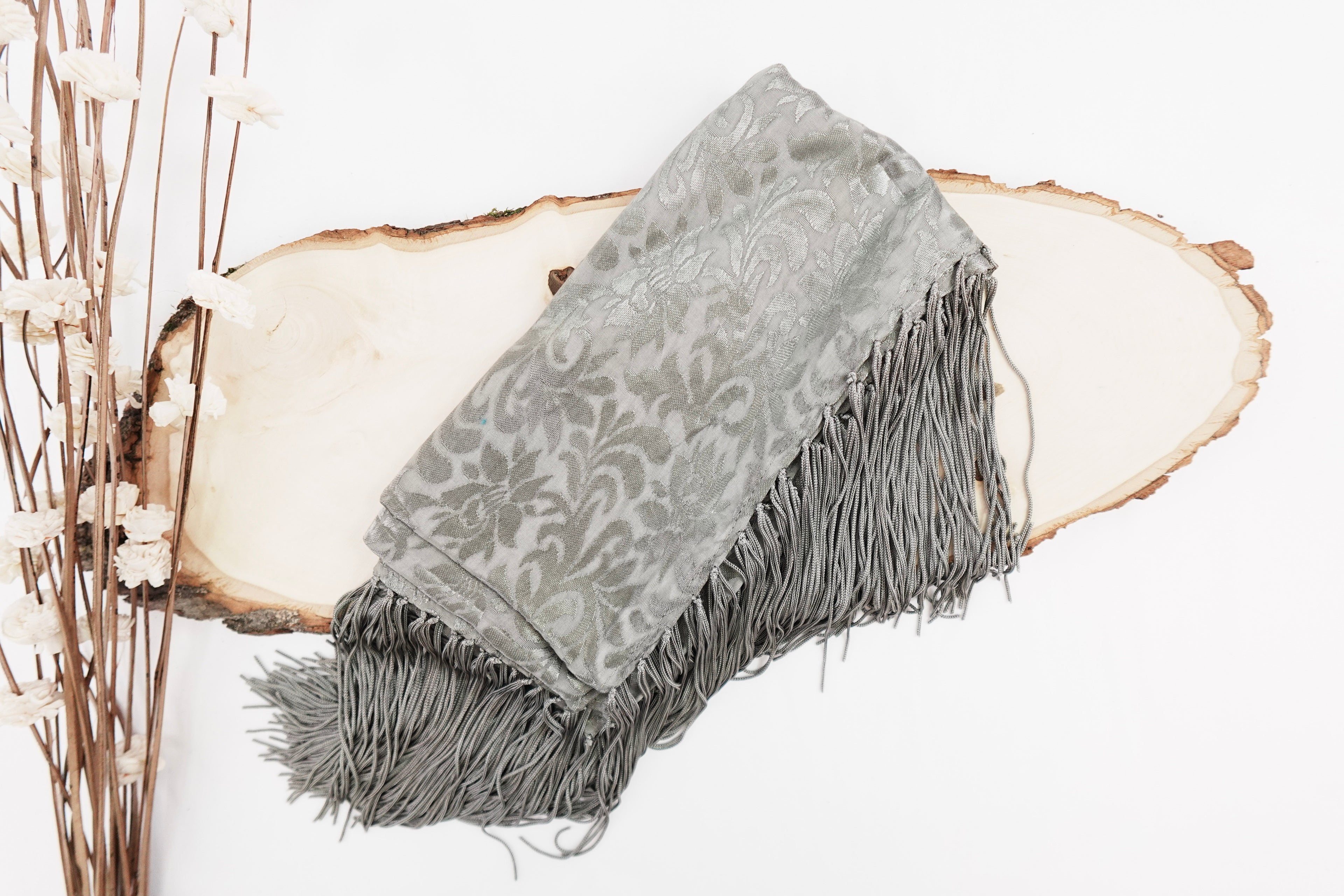 Grey Green Tone On Tone Church Scarf with Fringe