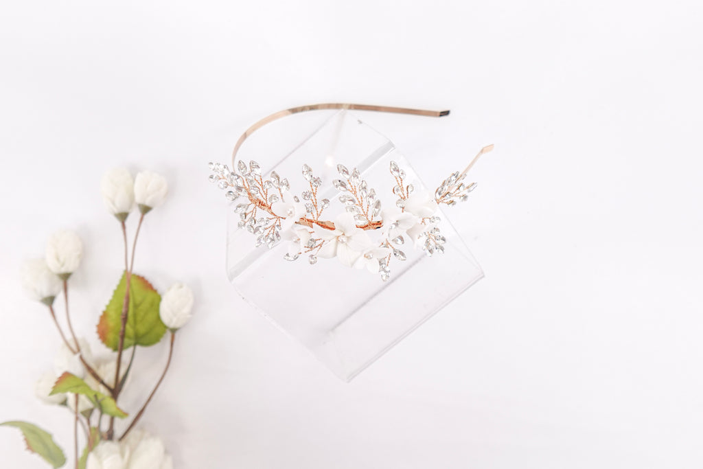 Flowers & Diamond Leaves Gold Headband