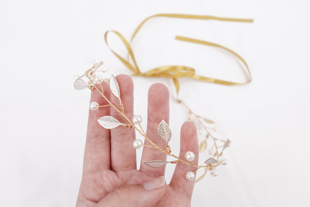 Pearls and Leaves Tie Headband
