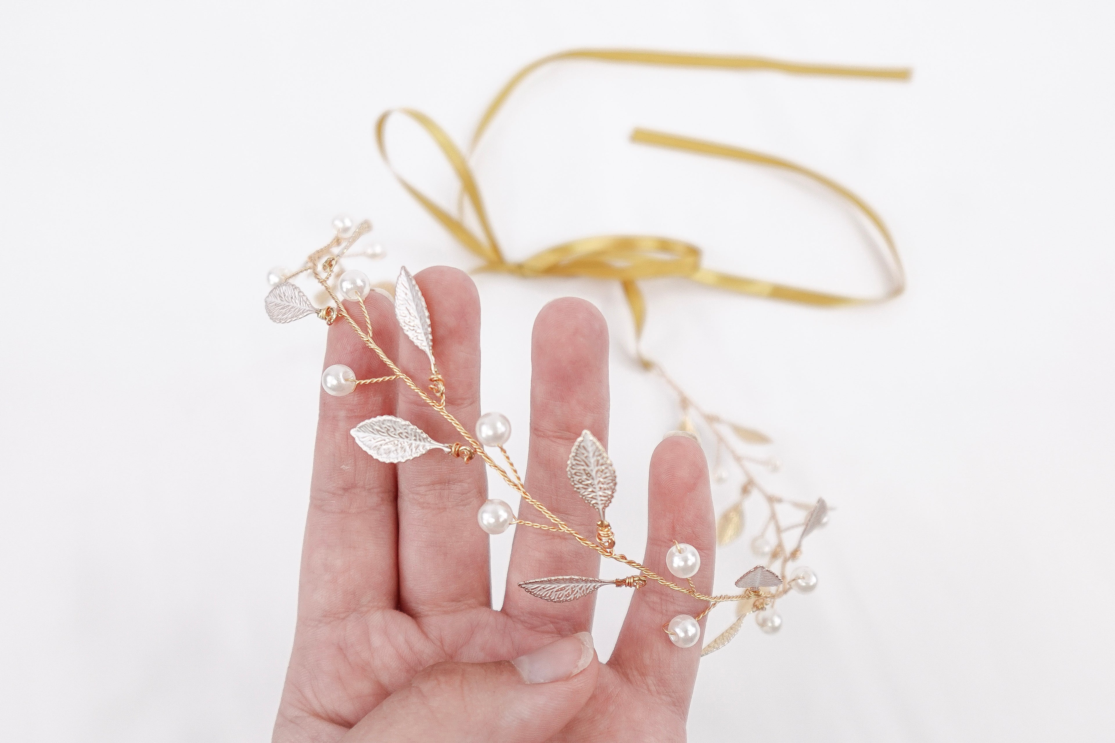 Pearls and Leaves Tie Headband