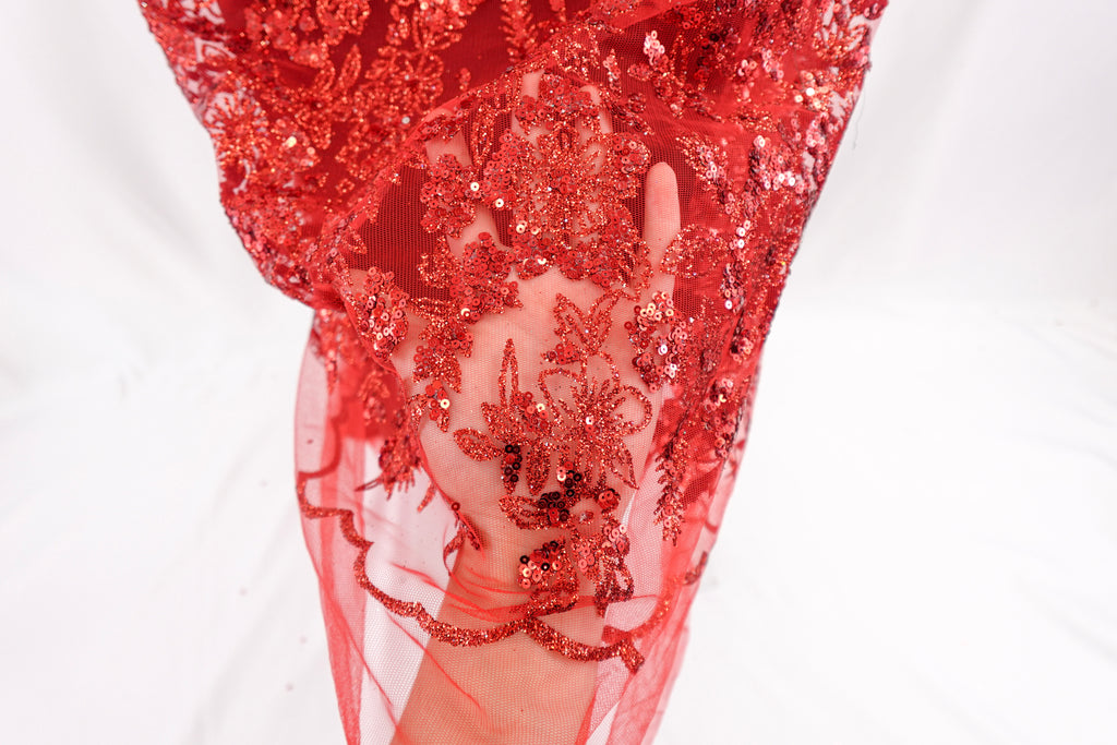 Bright Red Glitter & Sequin Bridal Lace