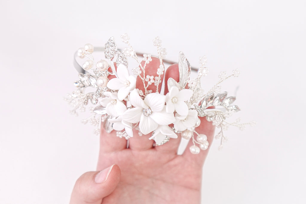 Flowers, Diamonds & Pearls Silver Headband
