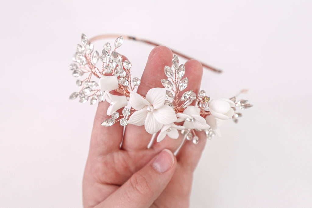 Flowers & Diamond Leaves Rose Gold Headband