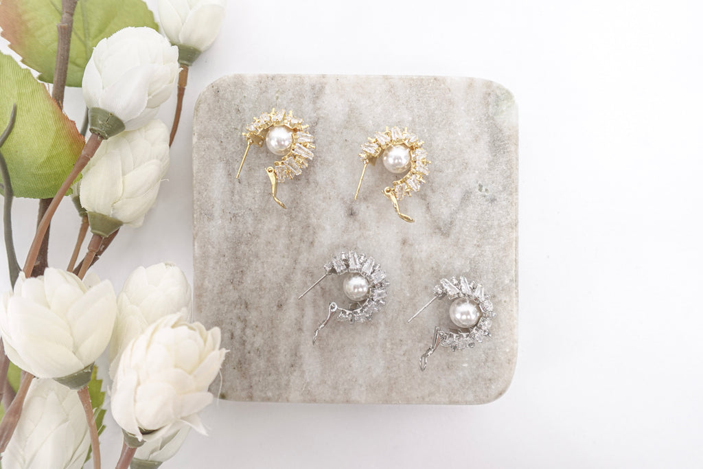 Cubic Zirconia and Pearls Small Hoop Earrings