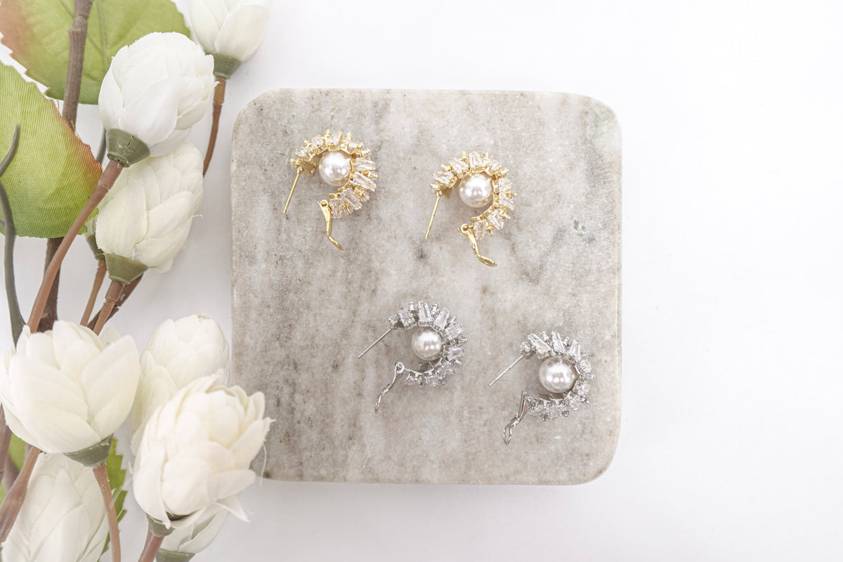 Cubic Zirconia and Pearls Small Hoop Earrings