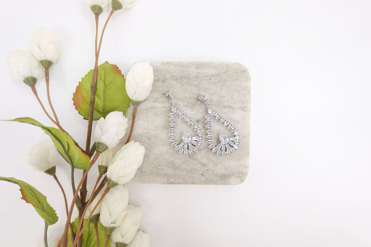 Silver-Toned Cubic Zirconia Teardrop Dangle Earrings