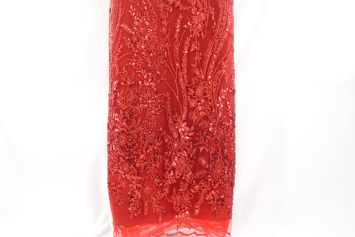 Bright Red Glitter & Sequin Bridal Lace