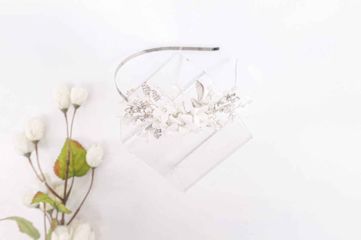 Flowers, Diamonds & Pearls Silver Headband