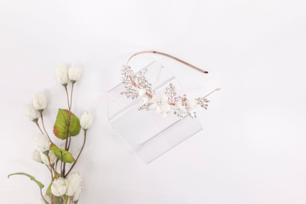 Flowers & Diamond Leaves Rose Gold Headband