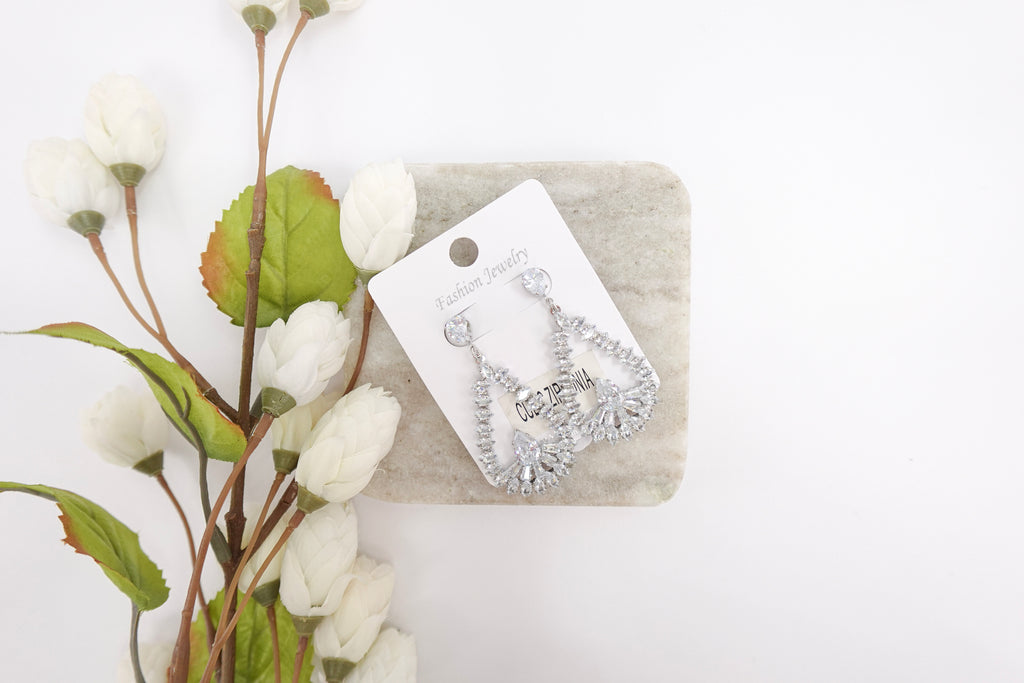 Silver-Toned Cubic Zirconia Teardrop Dangle Earrings