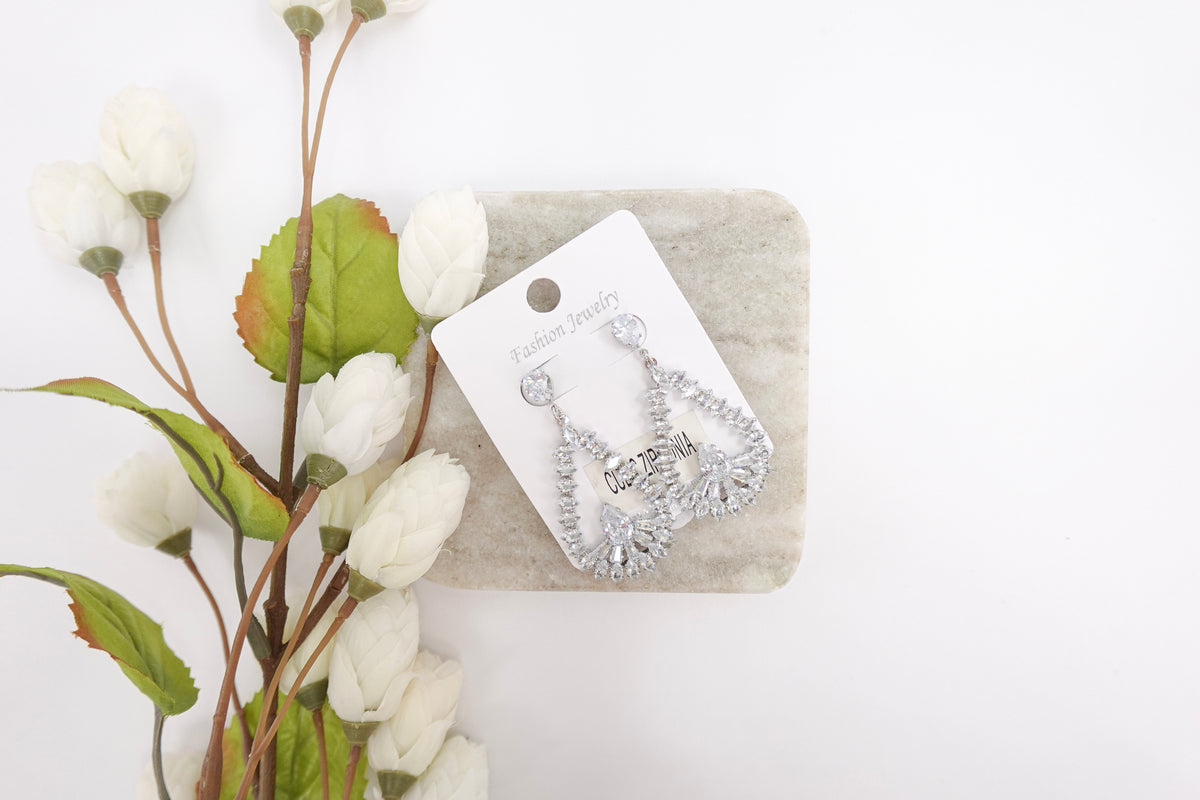 Silver-Toned Cubic Zirconia Teardrop Dangle Earrings