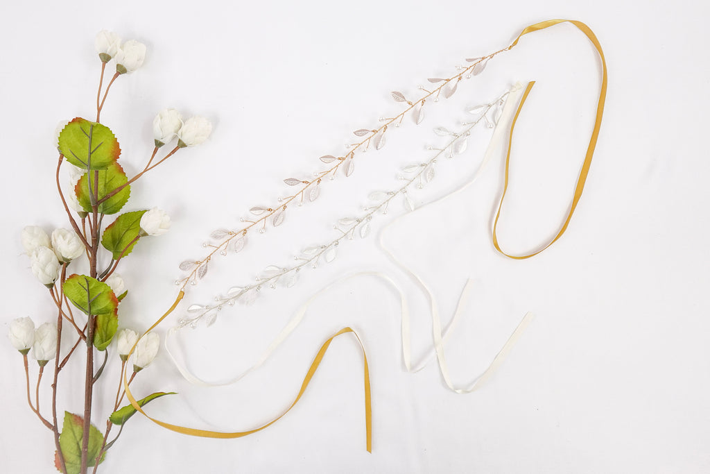 Pearls and Leaves Tie Headband