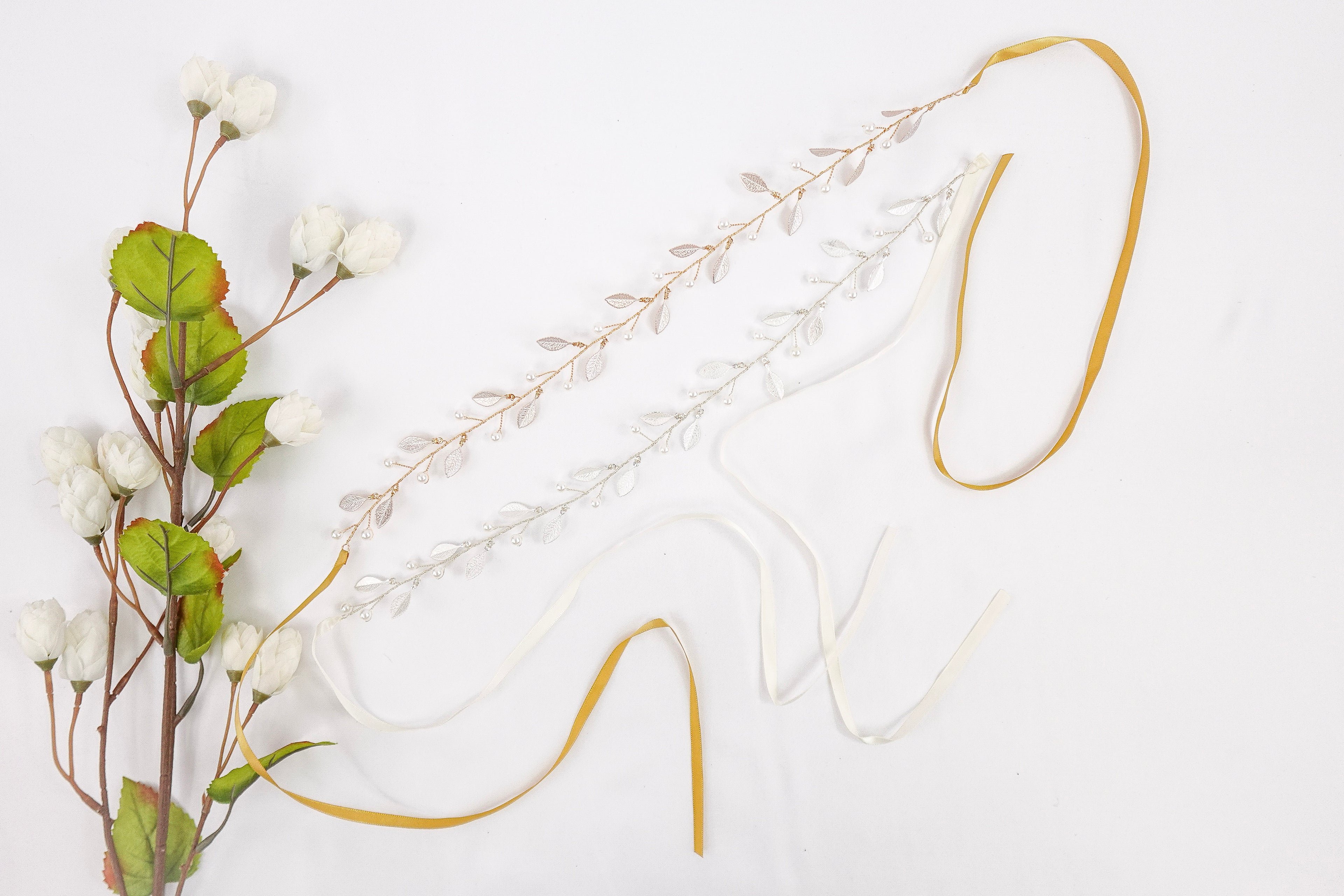 Pearls and Leaves Tie Headband