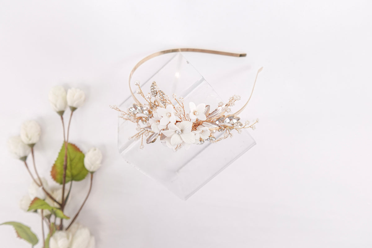 Flowers, Diamonds & Pearls Gold Headband