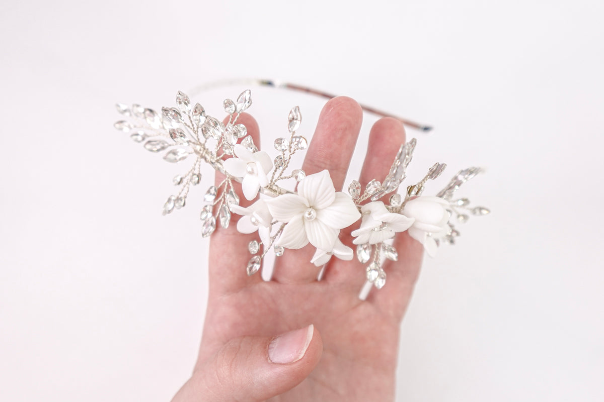 Flowers & Diamond Leaves Silver Headband
