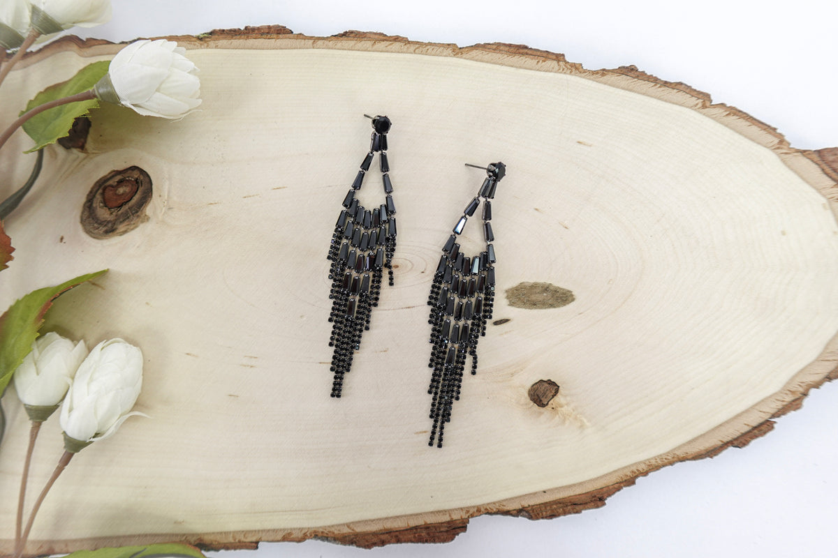 Black Cubic Zirconia Tassel Drop Earrings