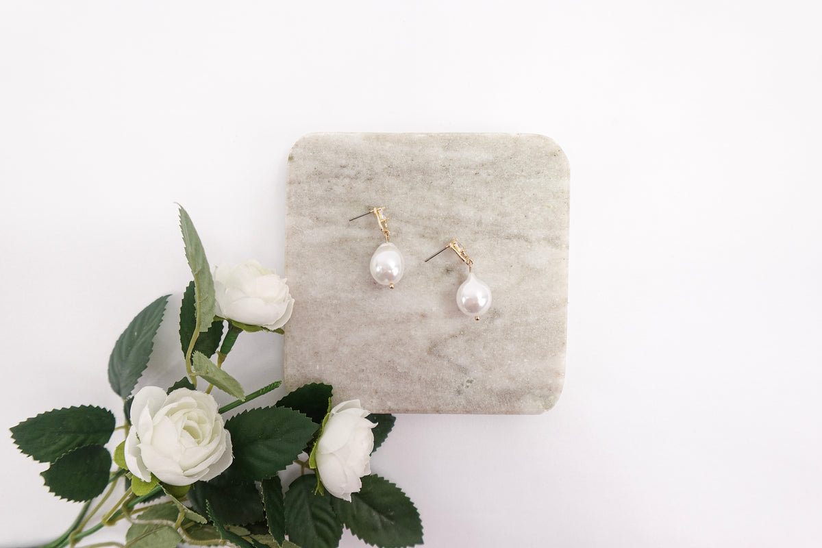 Cubic Zirconia Gold Dipped Pearl Drop Earrings