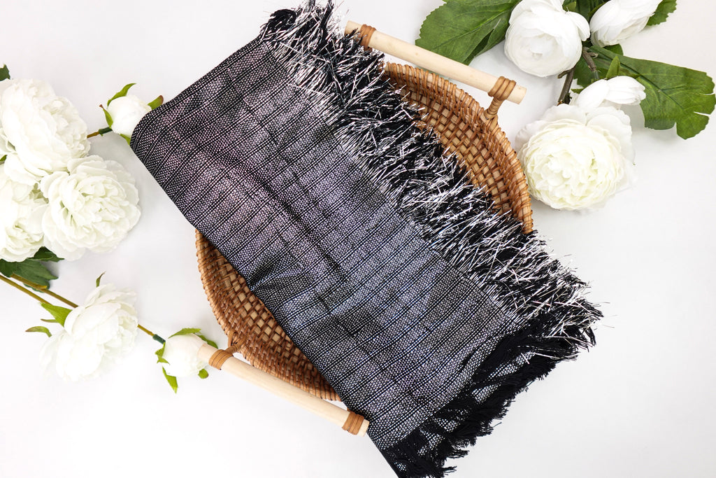 Black and Silver Metallic Church Scarf with Frayed Edge