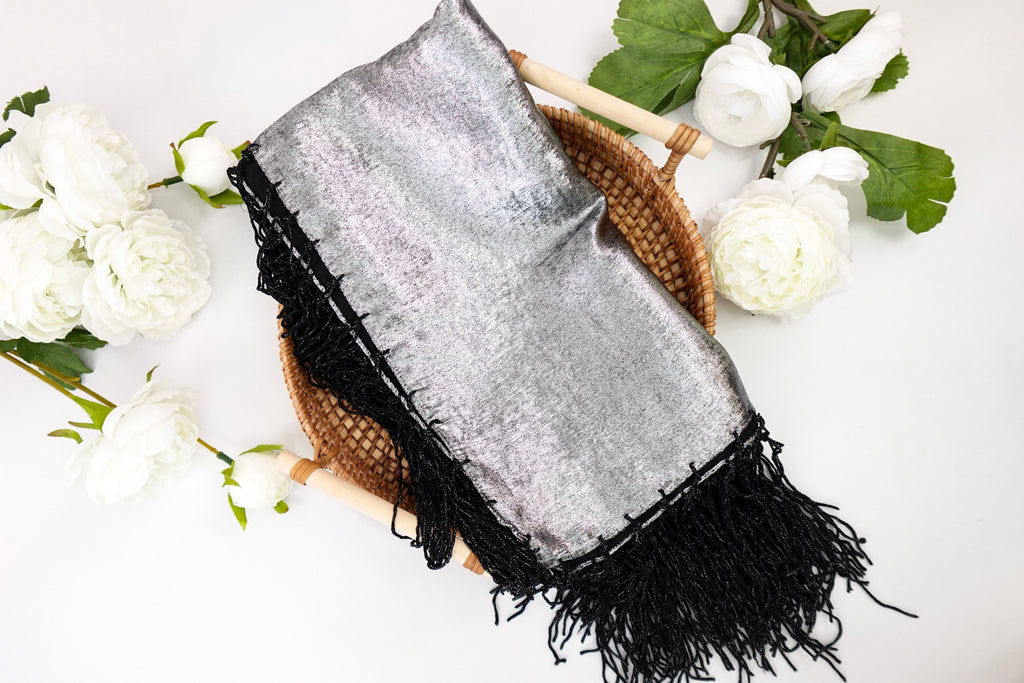 Black and Silver Metallic Church Scarf with Fringe