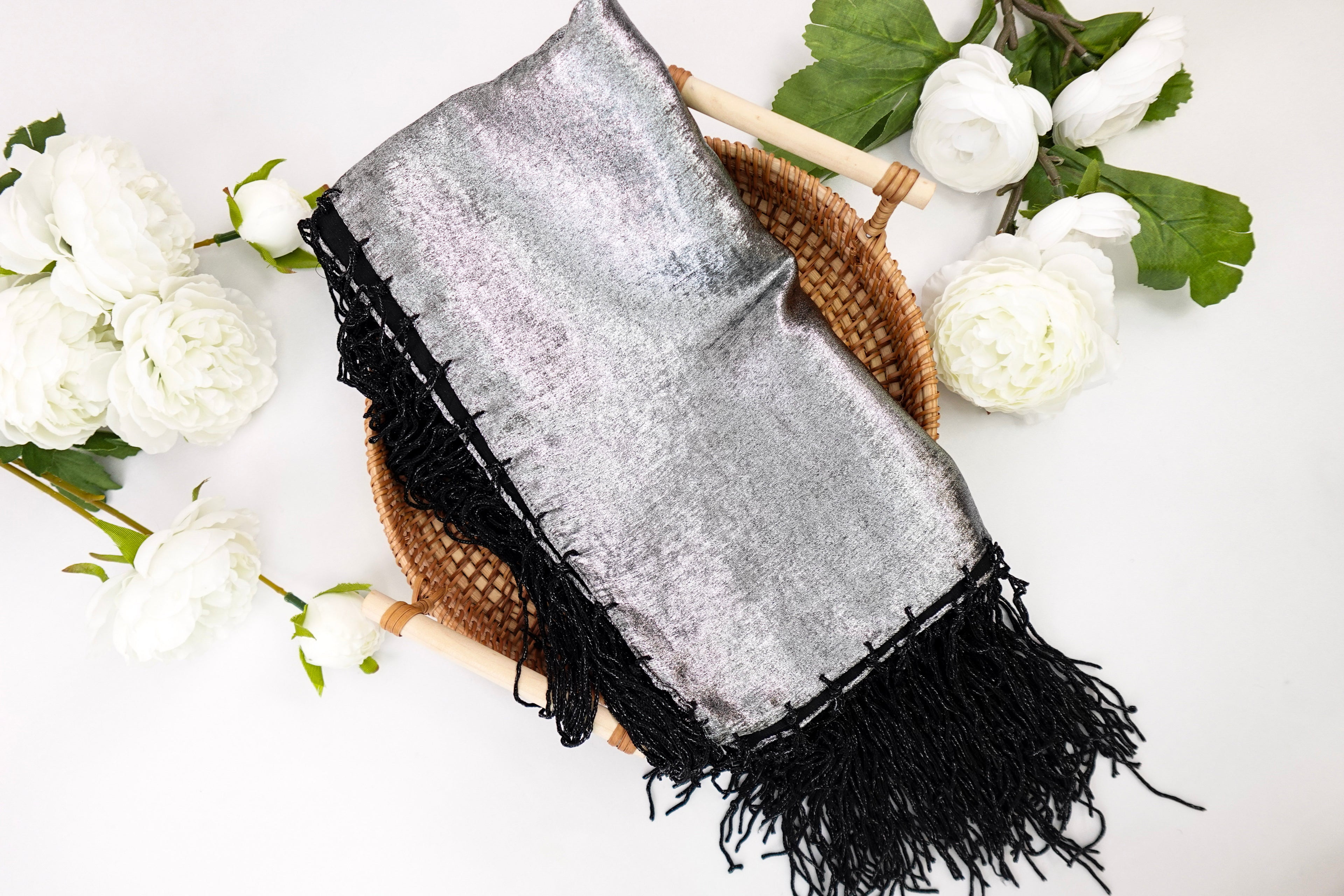 Black and Silver Metallic Church Scarf with Fringe