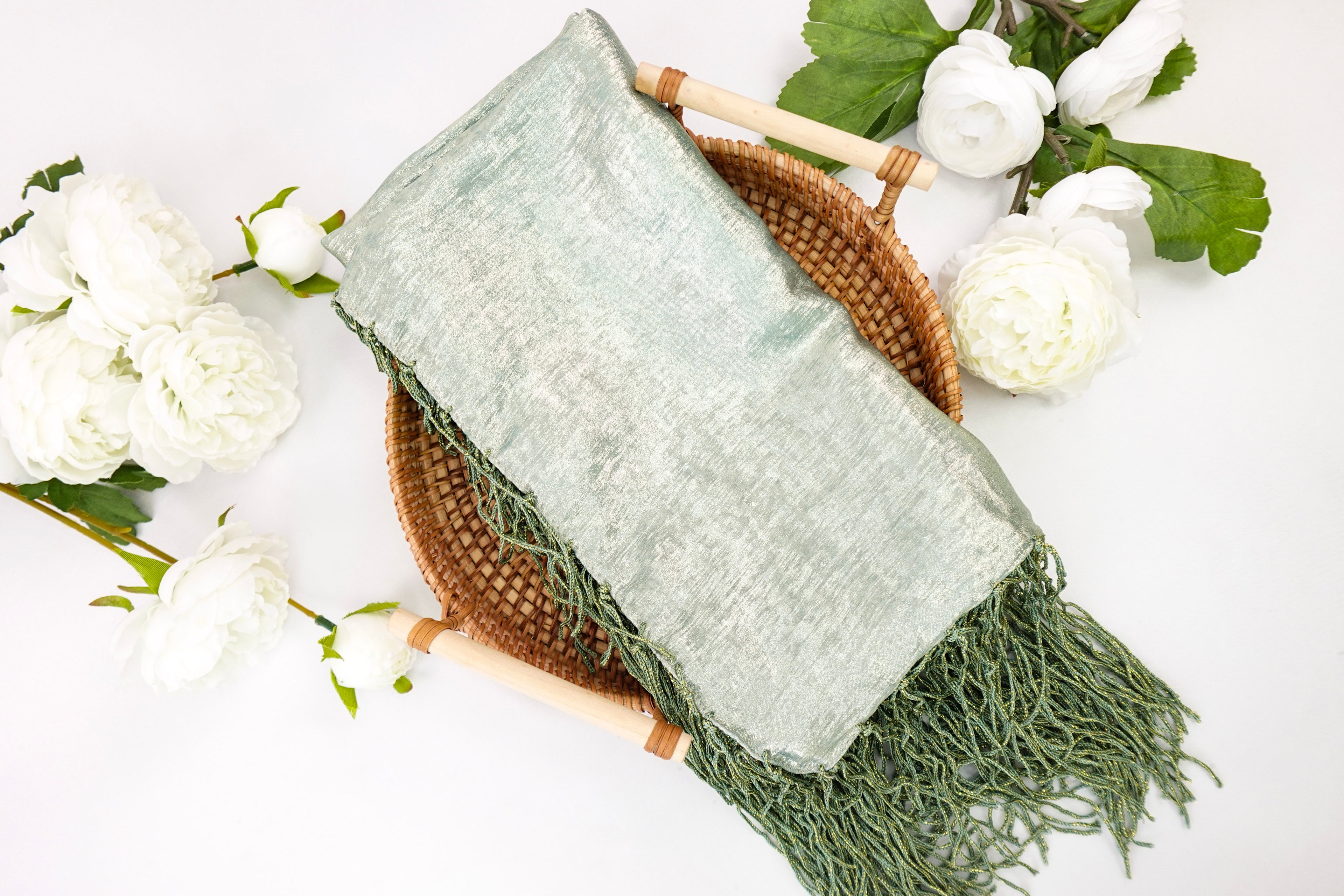 Green and Silver Metallic Church Scarf with Fringe