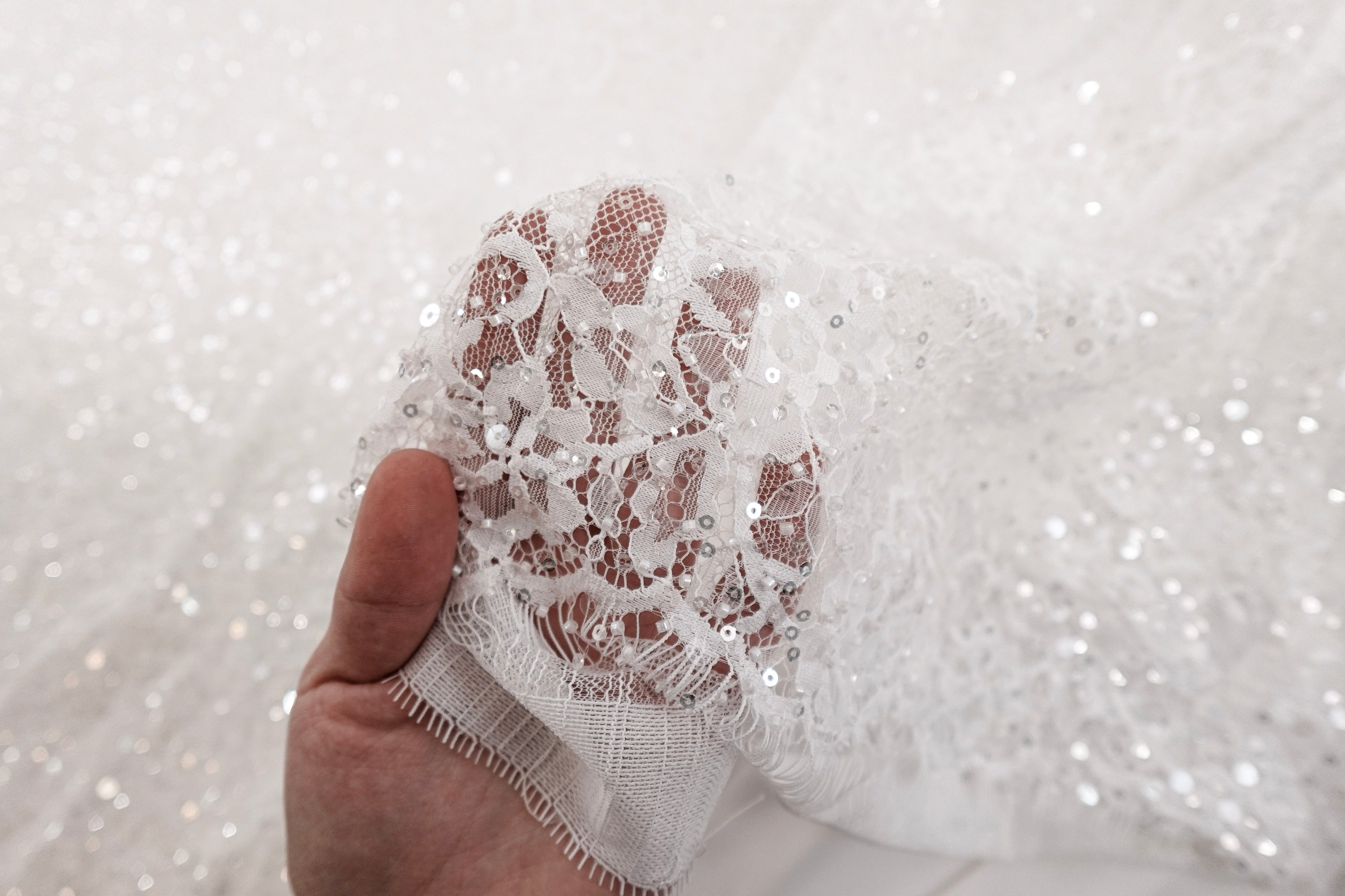 Off-White Chantilly Beaded Sequin Bridal Lace