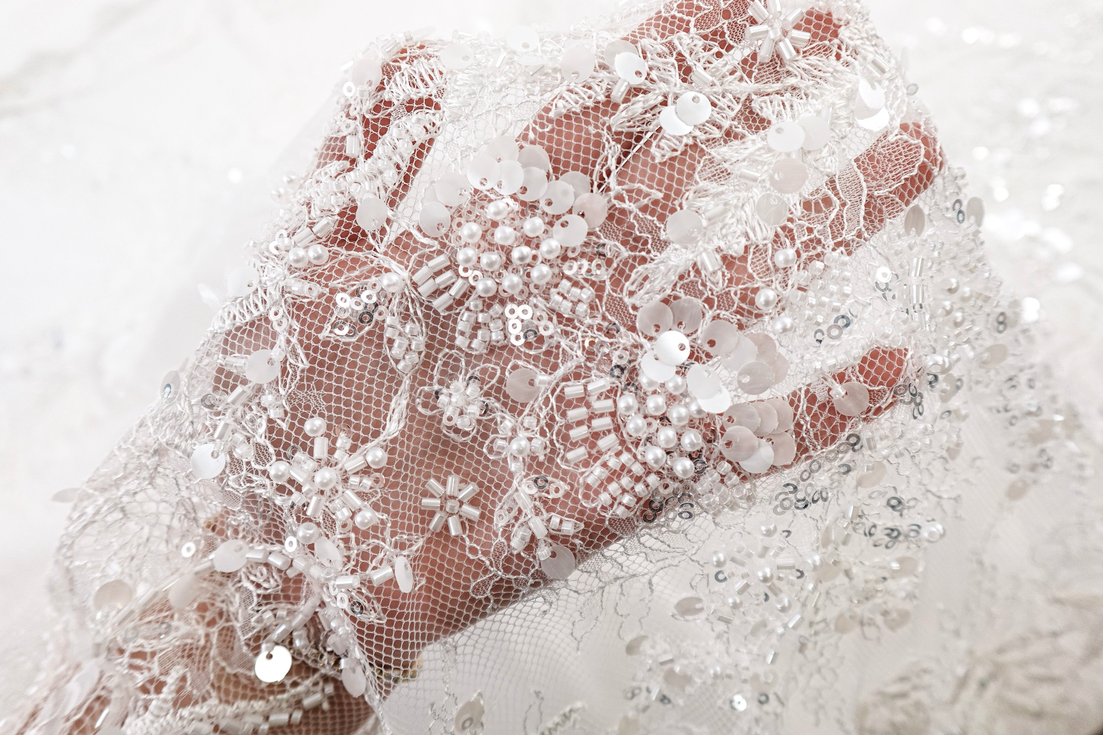 Off-White Beaded Sequin Bridal Lace