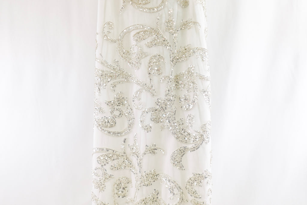 Off-White Sequin and White Gold Beaded Bridal Lace