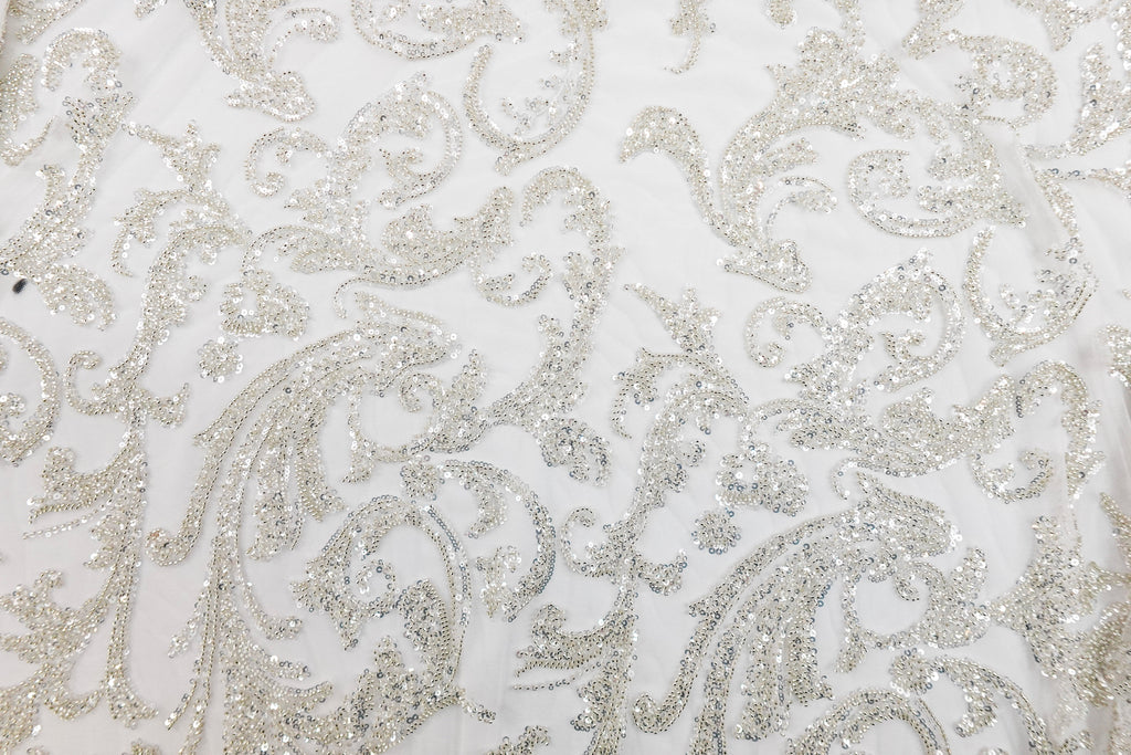 Off-White Sequin and White Gold Beaded Bridal Lace