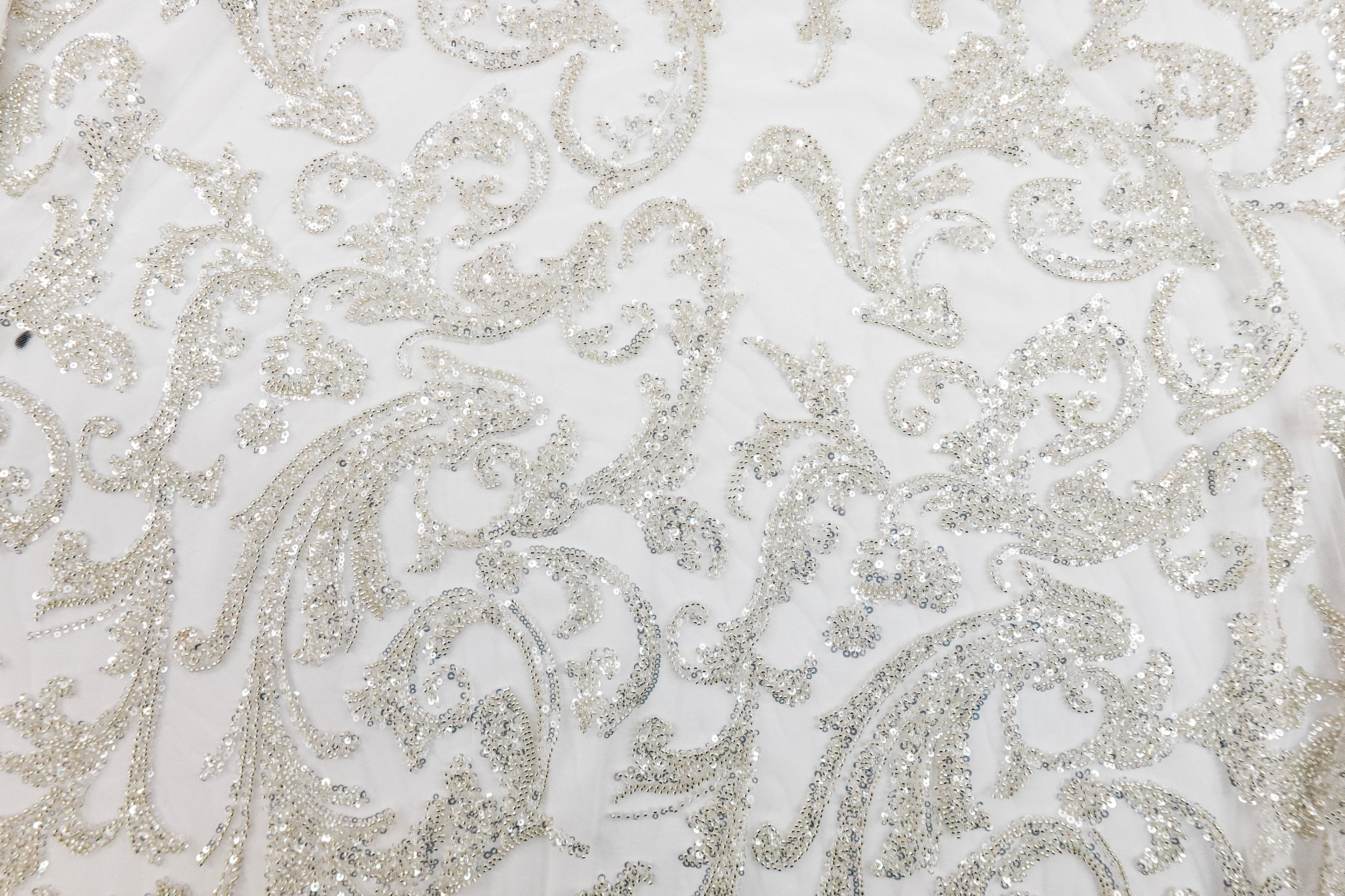 Off-White Sequin and White Gold Beaded Bridal Lace